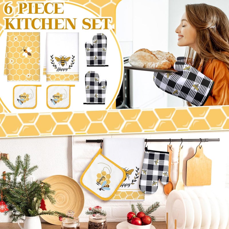 Bencailor Bencailor 6 Pcs Bee Kitchen Towels Oven Mitts and Pot Holders Sets Dish Towels Non Slip Heat Resistant Oven Gloves for Summer Baking Cooking SuppliesWhite and YellowHappy Bee - Image 2