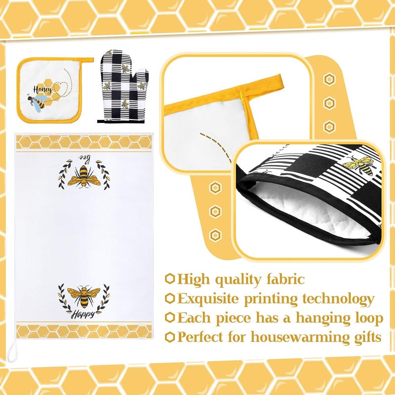Bencailor Bencailor 6 Pcs Bee Kitchen Towels Oven Mitts and Pot Holders Sets Dish Towels Non Slip Heat Resistant Oven Gloves for Summer Baking Cooking SuppliesWhite and YellowHappy Bee - Image 5