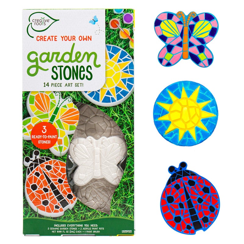 Creative Roots Creative Roots Mosaic Butterfly, Ladybug, & Sun Stepping Stone, Includes 3-Pack 4.5-Inch Ceramic Stepping Stone & 6 Vibrant Paints, Paint Your Own DIY Stepping Stone for Kids Ages 8+  - Image 1