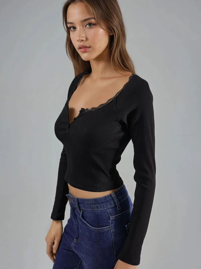 HICCUP Lace Detail Long Sleeve Top