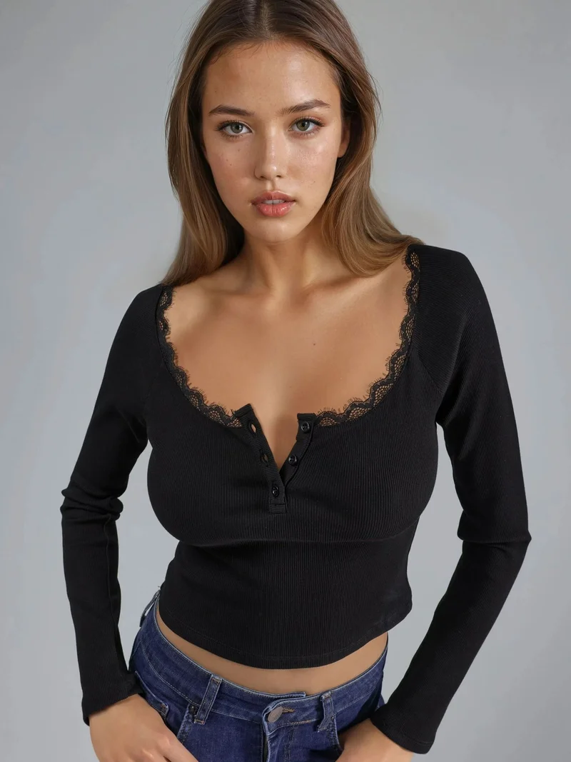 HICCUP Lace Detail Long Sleeve Top