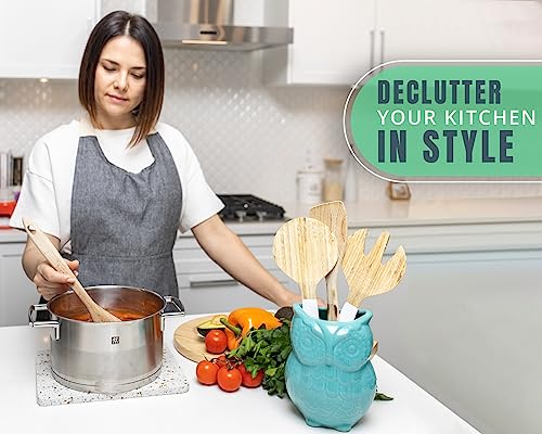 Comfify Owl Utensil Holder Decorative Ceramic Cookware Crock & Organizer, in Lovely Aqua Blue Color - Utensil Shaped Caddy and Perfect Kitchen Ceramic Decor Gift for Countertop - 5” x 7” x 4” Size - Image 5