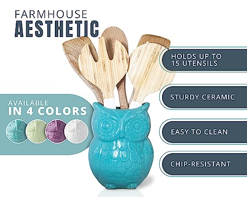 Comfify Owl Utensil Holder Decorative Ceramic Cookware Crock & Organizer, in Lovely Aqua Blue Color - Utensil Shaped Caddy and Perfect Kitchen Ceramic Decor Gift for Countertop - 5” x 7” x 4” Size - Image 4
