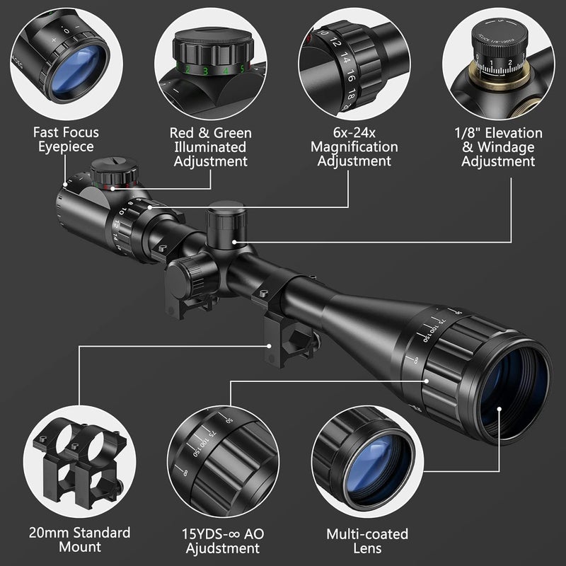 CVLIFE Rifle Scope 6-24x50 AO Red and Green Illuminated Long Range Scope for Hunting with Scope Rings - Image 2