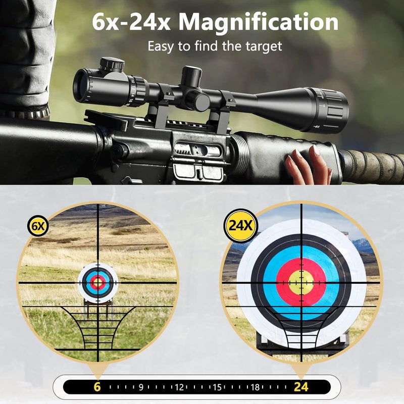 CVLIFE Rifle Scope 6-24x50 AO Red and Green Illuminated Long Range Scope for Hunting with Scope Rings - Image 4