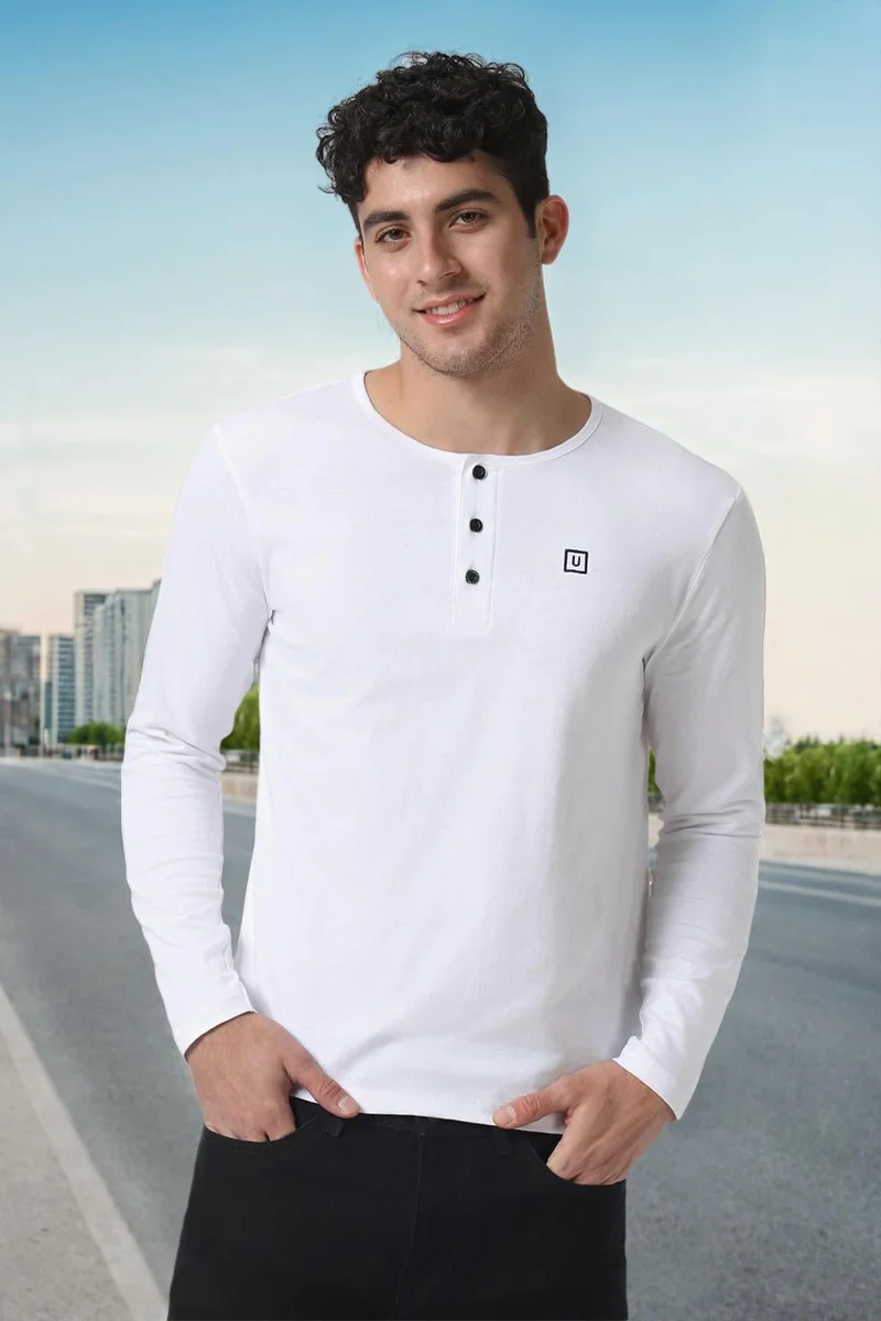 Urbano Fashion  Urbano Fashion Men's White Solid Henley Neck Slim Fit Cotton T-Shirt for Men | Best Price UAE