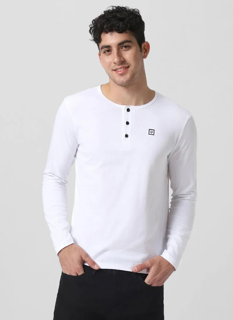 Urbano Fashion Men's White Solid Henley Neck Slim Fit Cotton T-Shirt