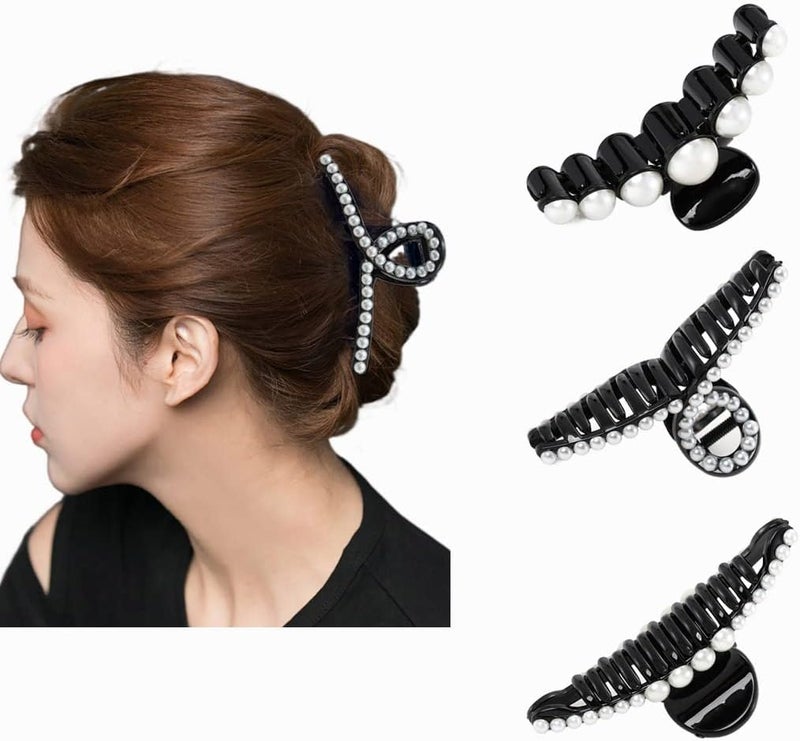 IYOU French Pearl Hair Claws Black Large Plastic Hair Claw Clips Thick Nonslip Hair Jaw Clips for Women3Pcs