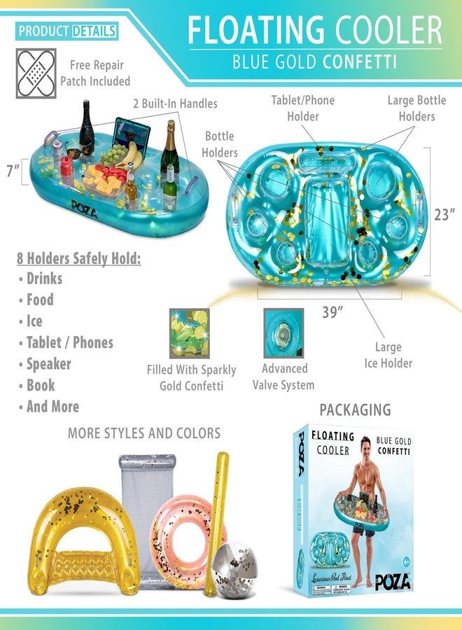 POZA Inflatable Blue Gold Floating Cooler - Luxurious Drink Holder Filled with Sparkly Confetti, Premium Party Float with 8 Holders, Serving Bar for Beach, Lake, Hot Tub and Pool - 39x23 Inch - Image 3