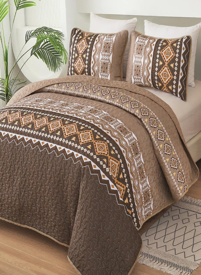 WONGS BEDDING Boho Quilt Set Queen Size,3 Pieces Brown Geometry Printed Bedspread Coverlet Set,Lightweight Microfiber Bedding Set with 2 Pillowcases,96"×90" - Image 1