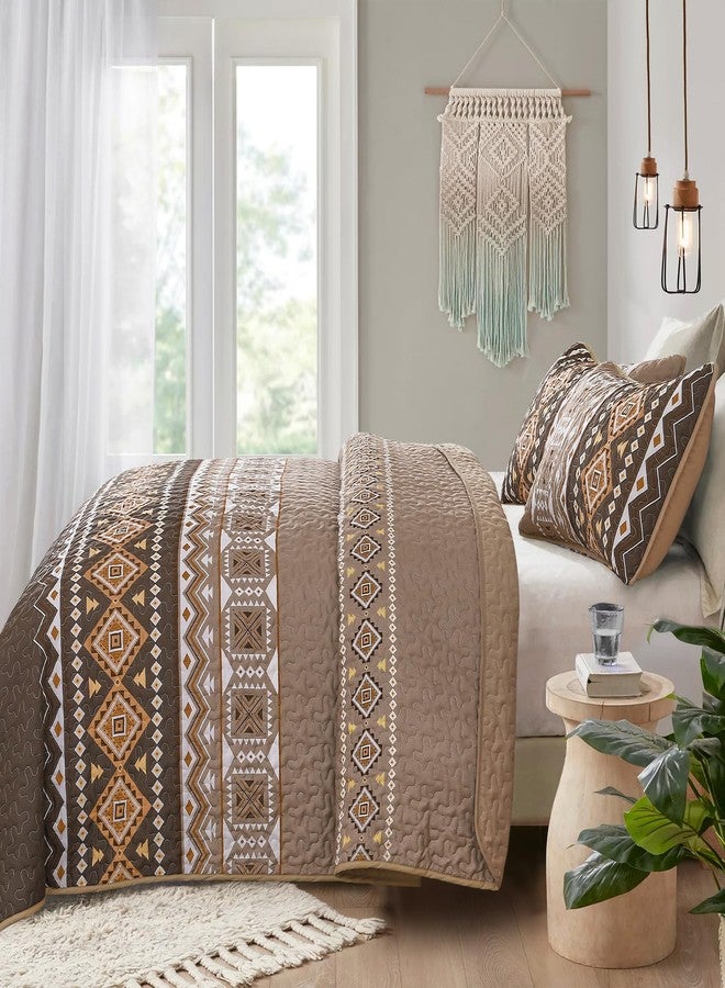 WONGS BEDDING Boho Quilt Set Queen Size,3 Pieces Brown Geometry Printed Bedspread Coverlet Set,Lightweight Microfiber Bedding Set with 2 Pillowcases,96"×90" - Image 3