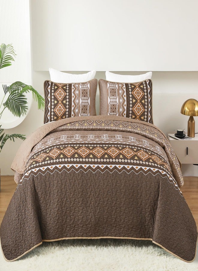 WONGS BEDDING Boho Quilt Set Queen Size,3 Pieces Brown Geometry Printed Bedspread Coverlet Set,Lightweight Microfiber Bedding Set with 2 Pillowcases,96"×90" - Image 2