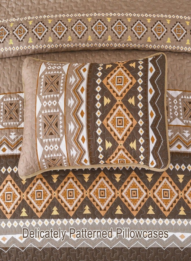 WONGS BEDDING Boho Quilt Set Queen Size,3 Pieces Brown Geometry Printed Bedspread Coverlet Set,Lightweight Microfiber Bedding Set with 2 Pillowcases,96"×90" - Image 4