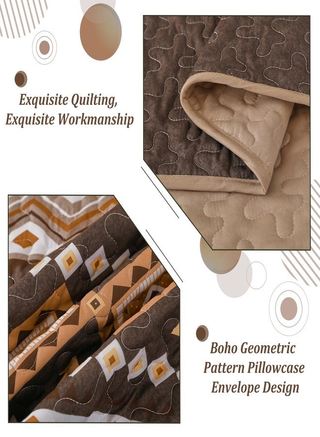 WONGS BEDDING Boho Quilt Set Queen Size,3 Pieces Brown Geometry Printed Bedspread Coverlet Set,Lightweight Microfiber Bedding Set with 2 Pillowcases,96"×90" - Image 5