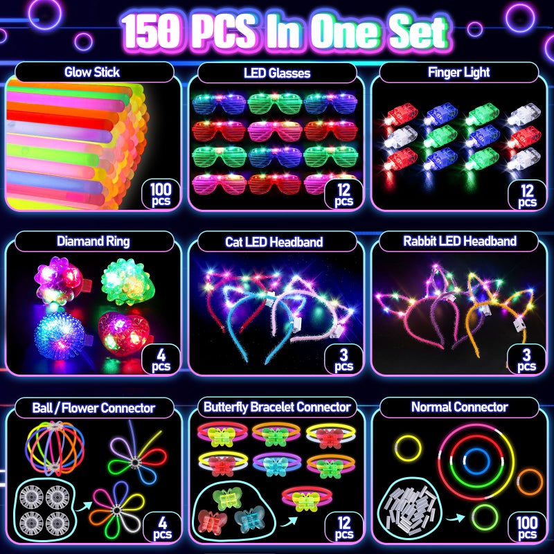 TSDATOWR 150PCS Glow in the Dark Party Supplies for Kids Adults, Light Up Party Favors with Light Up Glasses, Headband, Rings, 100 Glow Sticks Bulk Party Pack DIY Glow Necklaces Bracelets, Neon Party Supplies - Image 2