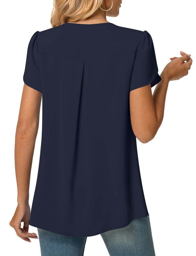 Anyally Women's Plus Size Summer Tunic Tops Dressy Casual Chiffon Blouses Short Sleeve T-Shirts for Leggings, 2XL Navy Blue - Image 3