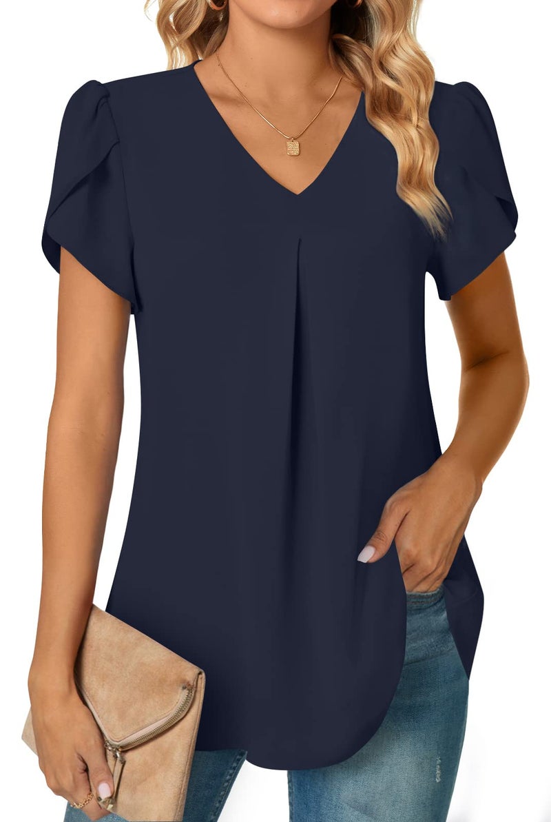Anyally Women's Plus Size Summer Tunic Tops Dressy Casual Chiffon Blouses Short Sleeve T-Shirts for Leggings, 2XL Navy Blue - Image 1