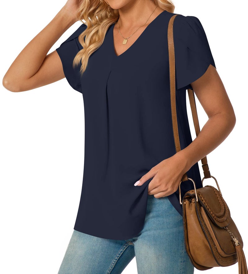 Anyally Women's Plus Size Summer Tunic Tops Dressy Casual Chiffon Blouses Short Sleeve T-Shirts for Leggings, 2XL Navy Blue - Image 2