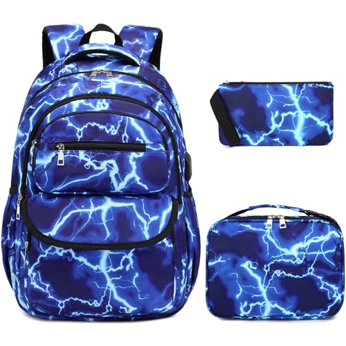Bevalsa Backpack for Boys, Lightning School Bags with Lunch Bag & Pen Case for Kids, Bookbag for Boys Girls Teens - Image 1