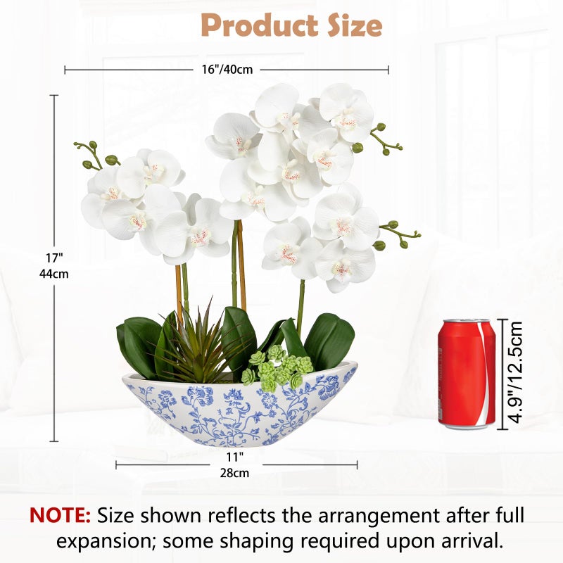Briful White Orchid Fake Flowers 17in Artificial Orchid Silk Flowers in Blue and White Ceramic Pot Faux Orchid Arrangement for Home Office Bathroom Dining Table Modern Decoration - Image 2