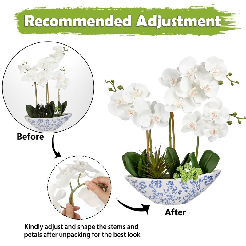 Briful White Orchid Fake Flowers 17in Artificial Orchid Silk Flowers in Blue and White Ceramic Pot Faux Orchid Arrangement for Home Office Bathroom Dining Table Modern Decoration - Image 3