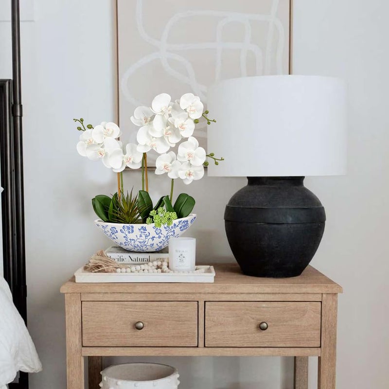 Briful White Orchid Fake Flowers 17in Artificial Orchid Silk Flowers in Blue and White Ceramic Pot Faux Orchid Arrangement for Home Office Bathroom Dining Table Modern Decoration - Image 5