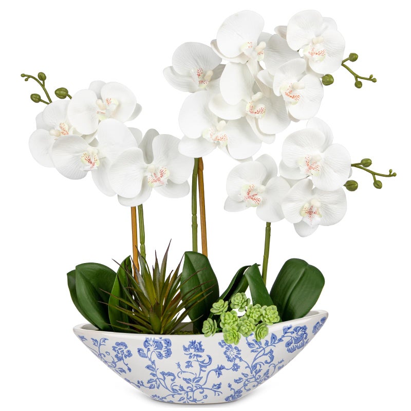 Briful White Orchid Fake Flowers 17in Artificial Orchid Silk Flowers in Blue and White Ceramic Pot Faux Orchid Arrangement for Home Office Bathroom Dining Table Modern Decoration - Image 1