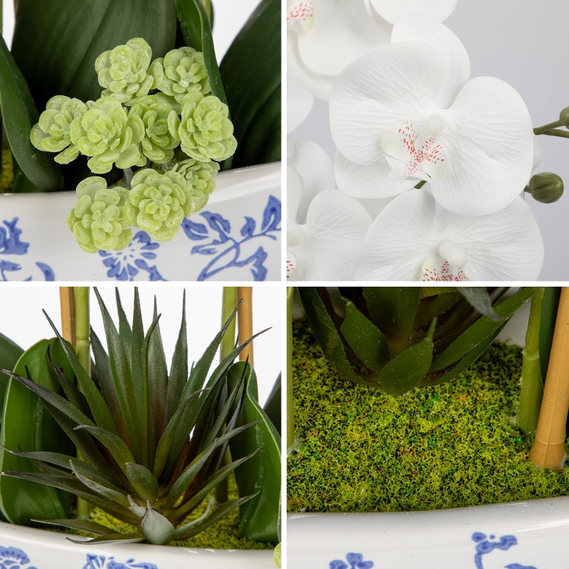 Briful White Orchid Fake Flowers 17in Artificial Orchid Silk Flowers in Blue and White Ceramic Pot Faux Orchid Arrangement for Home Office Bathroom Dining Table Modern Decoration - Image 4