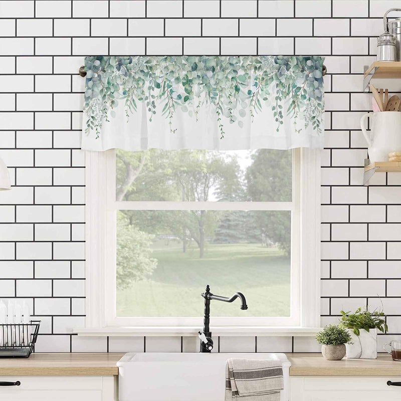 TweetyBed Curtain Valance for Windows Green Eucalyptus Rod Pocket Valance Window Treatments 1 Panel Watercolor Leaves Short Curtains for Kitchen Windows Bathroom Bedroom 60x18in - Image 4
