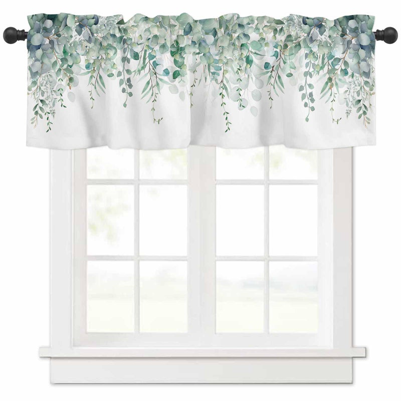 TweetyBed Curtain Valance for Windows Green Eucalyptus Rod Pocket Valance Window Treatments 1 Panel Watercolor Leaves Short Curtains for Kitchen Windows Bathroom Bedroom 60x18in - Image 1