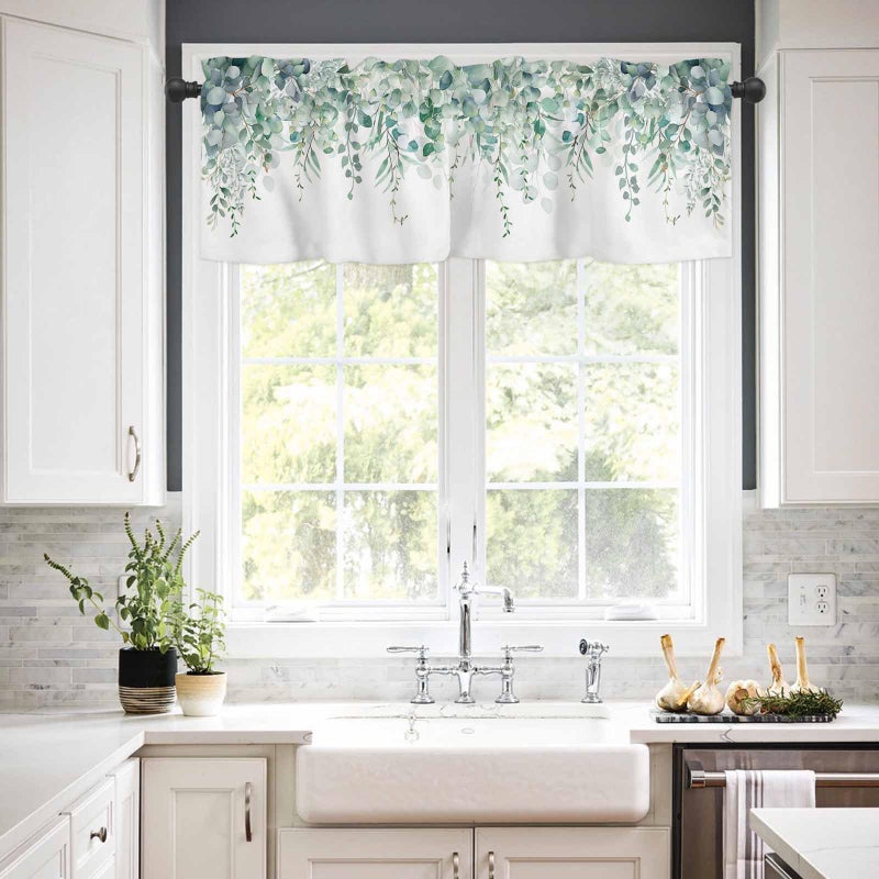 TweetyBed Curtain Valance for Windows Green Eucalyptus Rod Pocket Valance Window Treatments 1 Panel Watercolor Leaves Short Curtains for Kitchen Windows Bathroom Bedroom 60x18in - Image 2