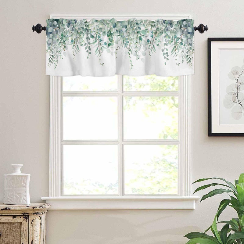 TweetyBed Curtain Valance for Windows Green Eucalyptus Rod Pocket Valance Window Treatments 1 Panel Watercolor Leaves Short Curtains for Kitchen Windows Bathroom Bedroom 60x18in - Image 3
