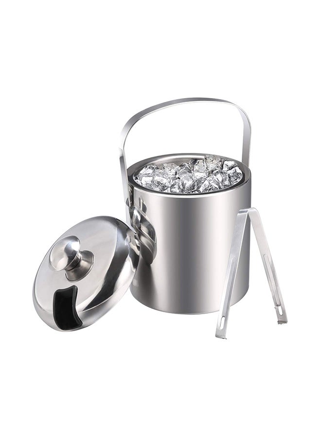 دلو ثلج مزود بغطاء مزدوج الجدران وماسكة ثلج فضي 1لترات