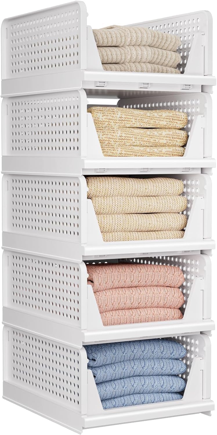 MECHDEL Foldable and Stackable Closet Organizer Drawer 5 Tiers Clothes Storage Rack Almirah Space Organizer for Cupboard White White 5PCS - Image 1