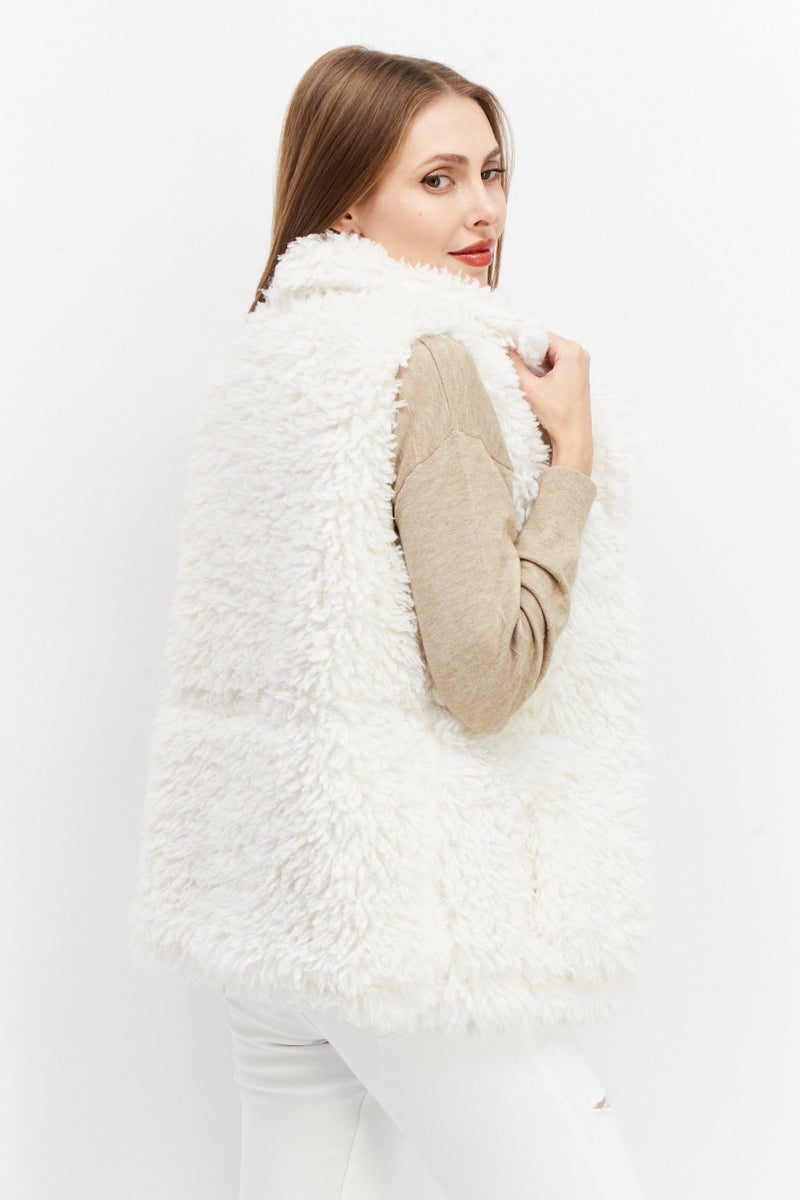 Weekend Routine Women Faux Fur Vest Jacket, White - Image 3