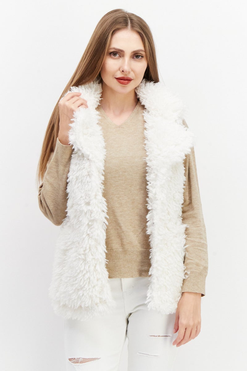 Weekend Routine Women Faux Fur Vest Jacket, White - Image 1