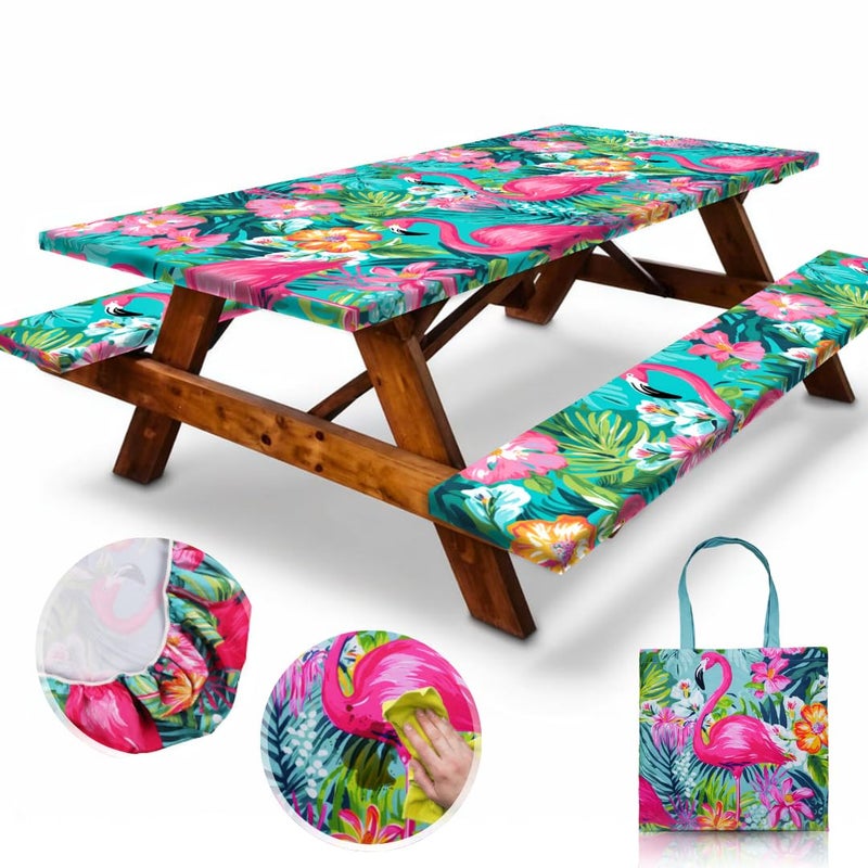 RNOONY 6ft Polyester Picnic Table Cover with Bench Covers Windproof & Waterproof Tablecloth, Perfect for Camping Gifts & RV Essentials, Cool Camping Gadgets, with Carrying Bag, 72x30 Inches, 4Pcs - Image 1