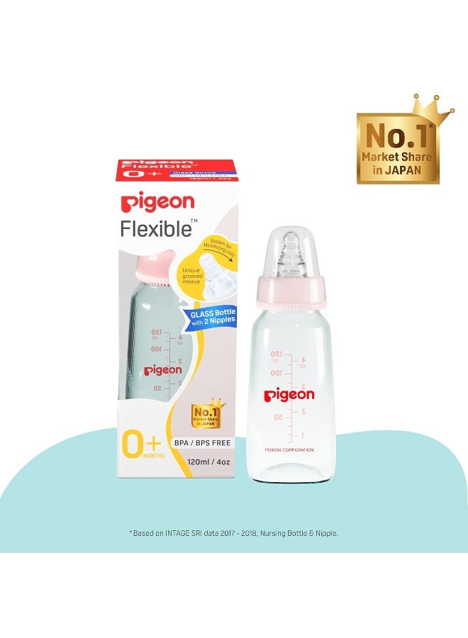 pigeon زجاجة رضاعة/تغذية زجاجية مرنة مع حلمة إضافية S، للأطفال من 0+ شهر، زجاجة رضاعة/تغذية من البورسليكات للأطفال، خالية من BPA، خالية من BPS، وردية، 120 مل - Image 2