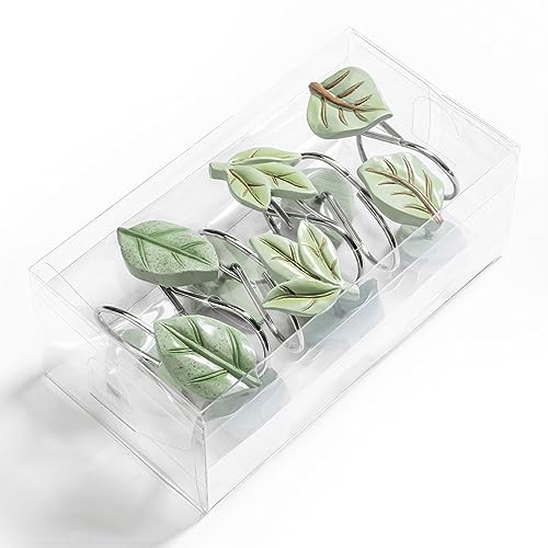 Gibelle 12PCS Leaves Shower Curtain Hooks, Green Plant Leaf Decorative Shower Curtain Hooks Metal Rustproof Cute Eucalyptus Shower Curtain Rings Bathroom Decoration Accessories - Image 5