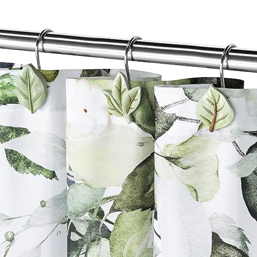 Gibelle 12PCS Leaves Shower Curtain Hooks, Green Plant Leaf Decorative Shower Curtain Hooks Metal Rustproof Cute Eucalyptus Shower Curtain Rings Bathroom Decoration Accessories - Image 2