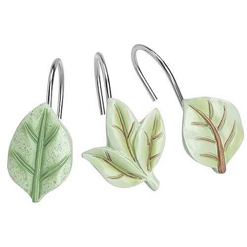 Gibelle 12PCS Leaves Shower Curtain Hooks, Green Plant Leaf Decorative Shower Curtain Hooks Metal Rustproof Cute Eucalyptus Shower Curtain Rings Bathroom Decoration Accessories - Image 1