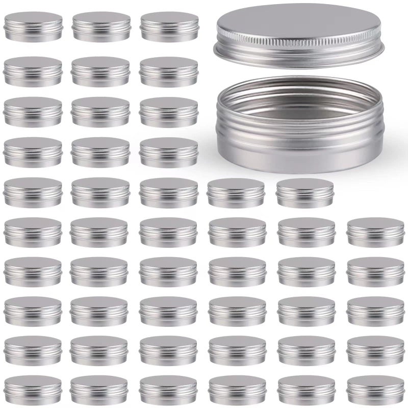 OBKJJ 48 Pcs Aluminum Round Cans with Lid 2 Oz Metal Tins Food Candle Containers with Screw Tops for Crafts Food Storage DIY Silver