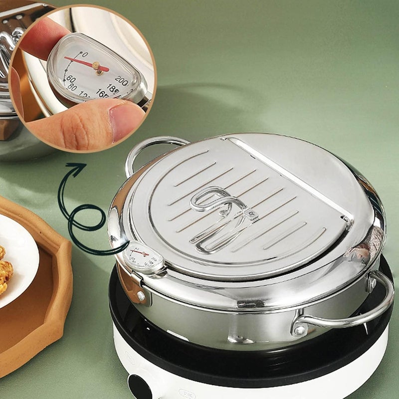 klarako Stainless Steel Deep Frying Pot - Household Tempura Deep Fryer with Thermometer,Lid And Oil Drip Drainer Rack - Japanese Little Frying Pot with Clip (9.8IN) - Image 4