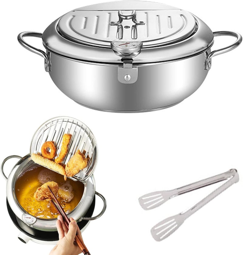 klarako Stainless Steel Deep Frying Pot - Household Tempura Deep Fryer with Thermometer,Lid And Oil Drip Drainer Rack - Japanese Little Frying Pot with Clip (9.8IN) - Image 1