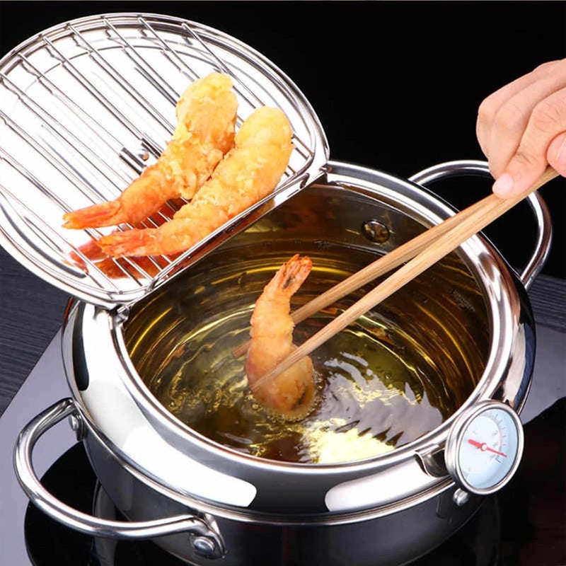 klarako Stainless Steel Deep Frying Pot - Household Tempura Deep Fryer with Thermometer,Lid And Oil Drip Drainer Rack - Japanese Little Frying Pot with Clip (9.8IN) - Image 2