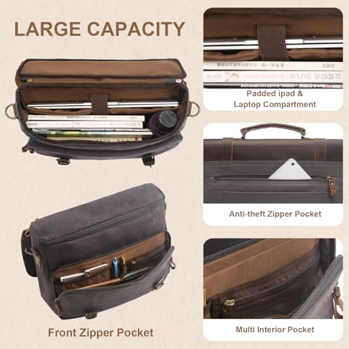 NEHOR Men's Messenger Bag Waxed Canvas Laptop Computer Bag 16 Inch Vintage Genuine Leather Briefcase Waterproof Satchel Shoulder Bag for Work/Office/Business - Image 5
