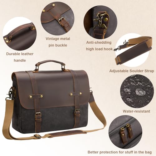 NEHOR Men's Messenger Bag Waxed Canvas Laptop Computer Bag 16 Inch Vintage Genuine Leather Briefcase Waterproof Satchel Shoulder Bag for Work/Office/Business - Image 4