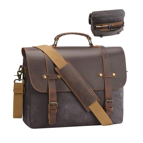 NEHOR Men's Messenger Bag Waxed Canvas Laptop Computer Bag 16 Inch Vintage Genuine Leather Briefcase Waterproof Satchel Shoulder Bag for Work/Office/Business - Image 1