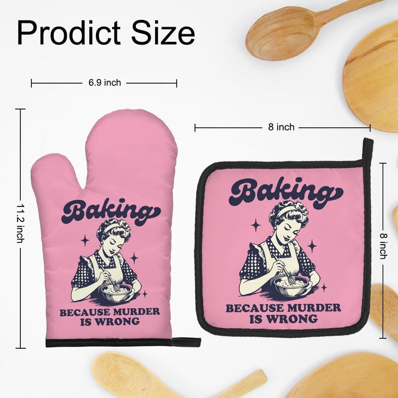 DYJYBMY Baking Because Murder is Wrong Funny Oven Mitts and Pot Holder Set, Humorous Vintage Kitchen Gadgets for Women, Birthday Gifts for Bake Lover Chef, Hostess Gifts for Mom Wife Sister BFF (FS) - Image 2