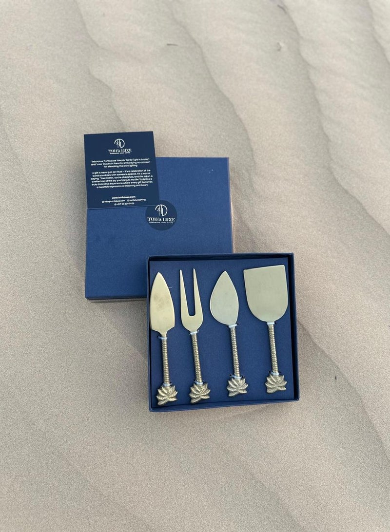 Tohfa Luxe Palm Cheese Knife Set – 4 Handcrafted Natural Brass Knives, 15 cm Each, Palm Motif Design, Gift-Ready Box, Elegant Cheese Board Accessory - Image 3
